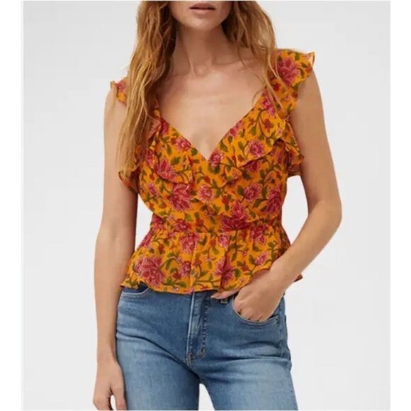 NWT Veronica Beard Randa Top Hot Orange Multi Floral Silk Blouse 12 - Picture 1 of 6
